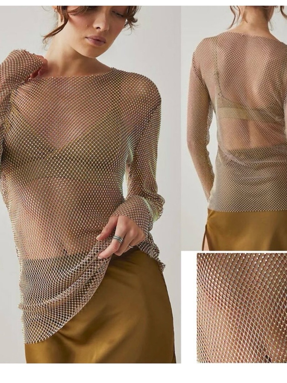 Free People Crystal Mesh Sheer Long Sleeve Top in Taupe and Gold
